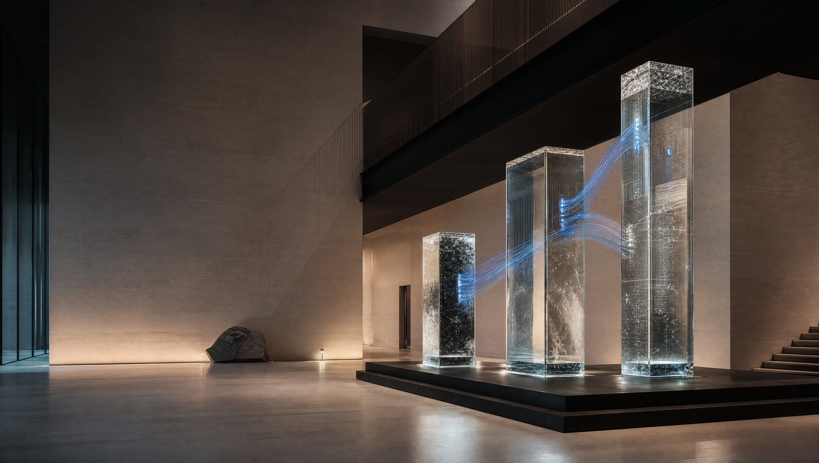 Three interconnected glass structures in a contemporary architectural studio